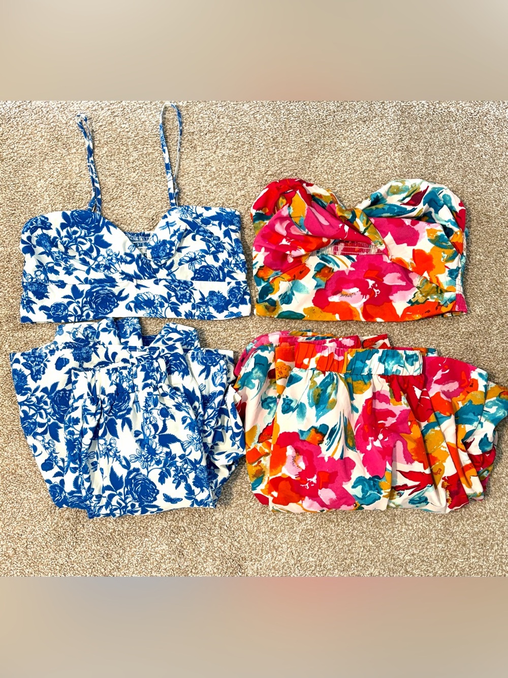 2 Sets of Floral Pattern Crop Tops with Matching Maxi Skirts